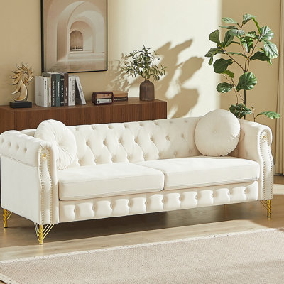 82-Inch Velvet Chesterfield Sofa With 2 Round Pillows, Stud Detailing, Tufted Buttons, Metal Legs & Decor-Hanging Armrest Loops