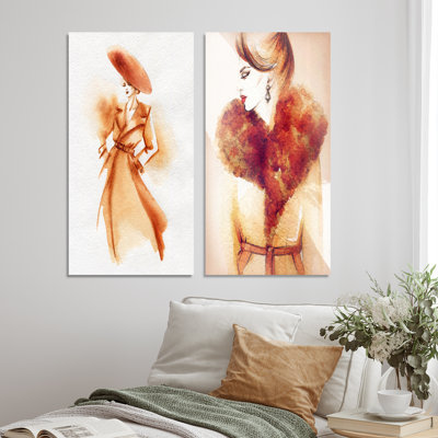 «Stylish Portrait of Vintage Woman», ensemble de 2 peintures sur toiles
