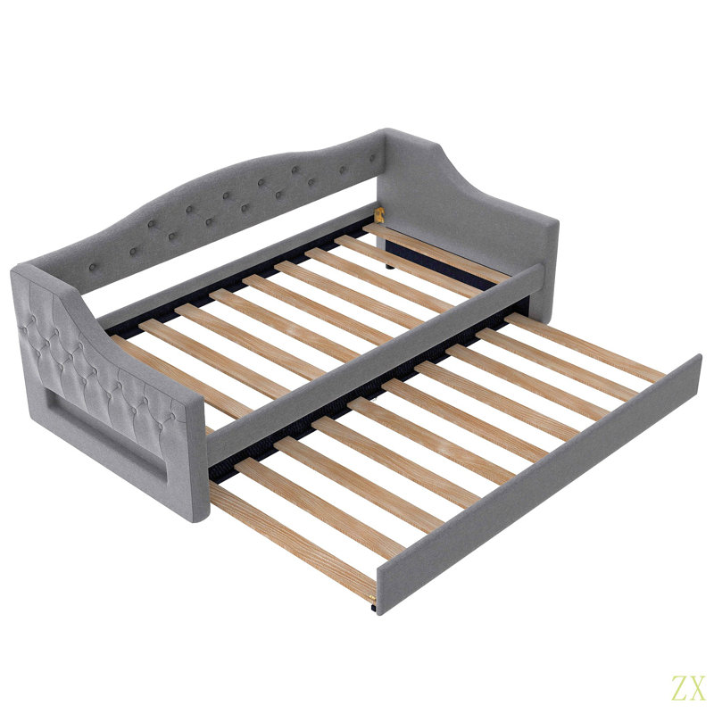 Upholstered Twin XL Size Daybed With LED Belt And Trundle, Gray