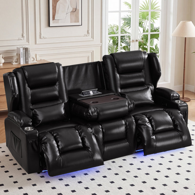 3 Seat Wall Hugger Power Reclining Sofa With Drop Down Console, LED Lights, USB Charging, Cup Holders For Living Room, Black