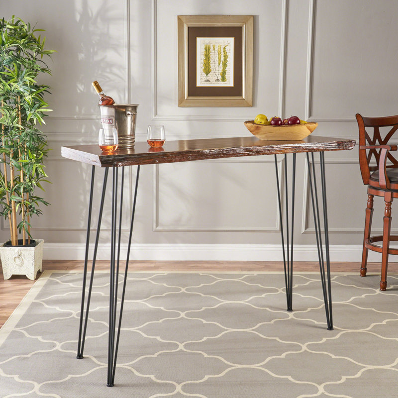 Table de bar moderne à rebord industriel avec pieds en épingle et finition rustique pour espaces compacts