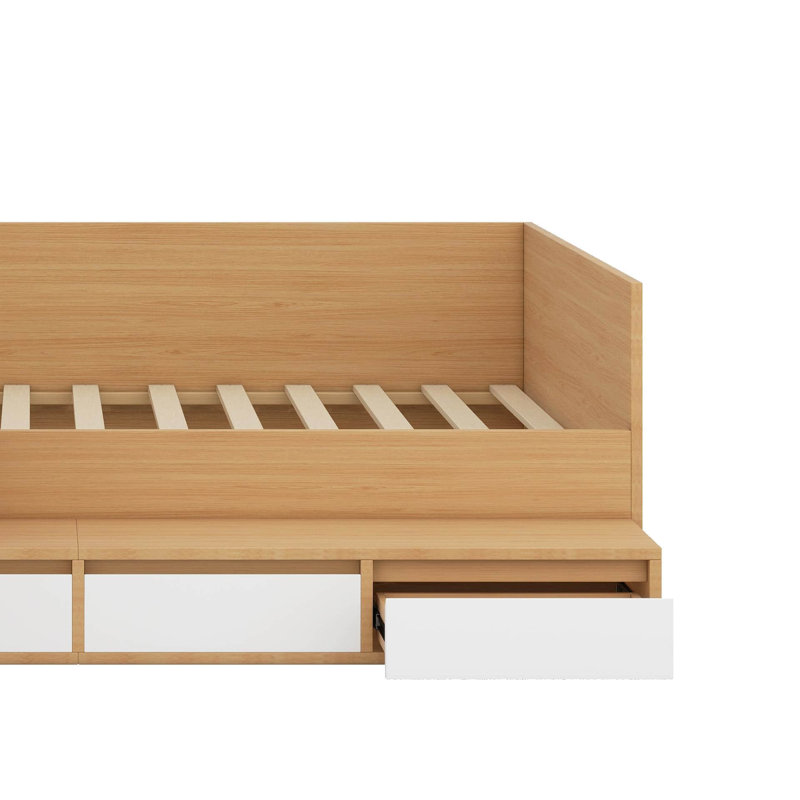 Lit plateforme double en bois avec tiroirs, tablettes et coiffeuse, Naturel