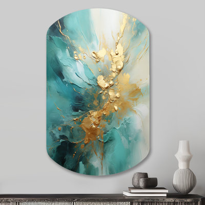 Gold And Teal Aurora Harmony II - Abstract Spirals Asymmetrical Metal Art, Modern Cylinder Metal Print