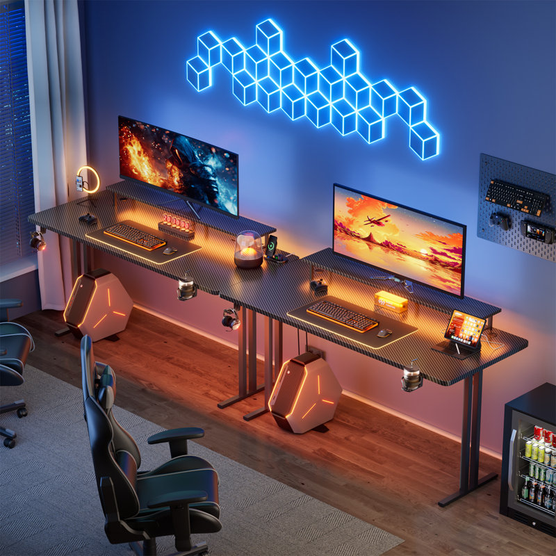 Gaming Desk with LED Lights & Power Outlet, 55" Computer Desk with Monitor Stand, Ergonomic Carbon Fiber Surface Gaming Table, Home Office Desk with Cup Holder, Headphone Hook & Mouse Pad