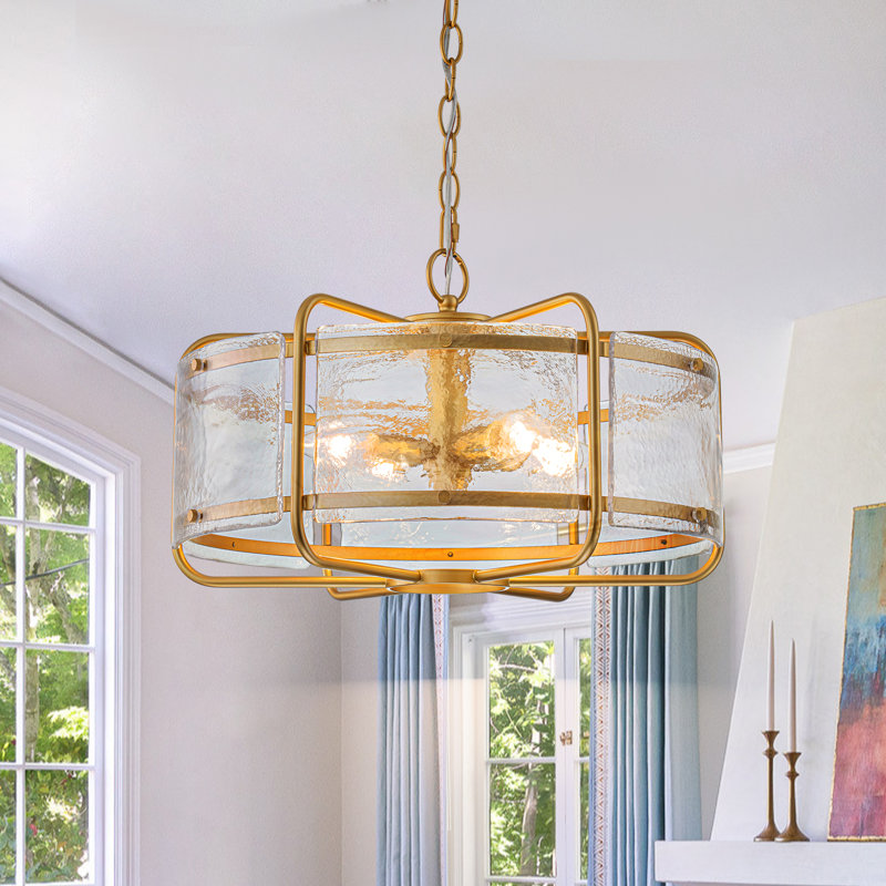 Lustre tambour 4 lumières en verre d'eau, Doré