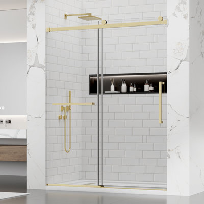Frameless Sliding Shower Door 56-60" W X 76" H, 5/16" (8Mm) Clear Nano Tempered Glass, Bypass Bathroom Shower Glass Doors With Stainless Steel Hardware, Easy To Clean Brushed Gold