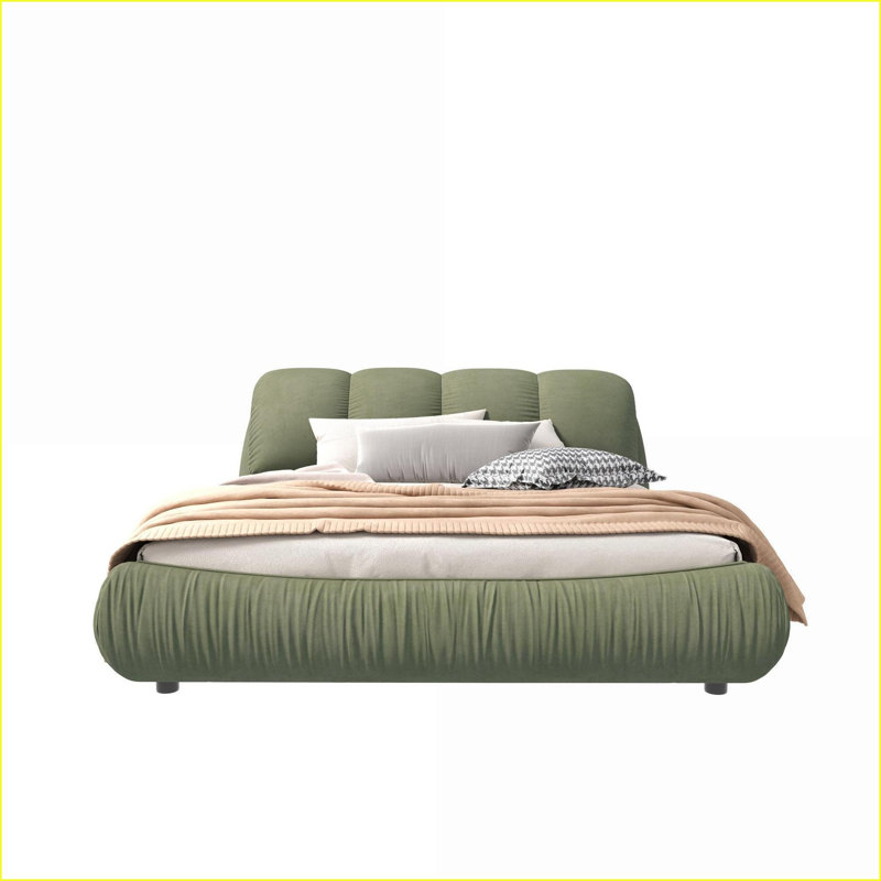 Grand lit plateforme en bois massif avec dossier rembourré surdimensionné, aucun sommier nécessaire, vert pour la chambre à coucher