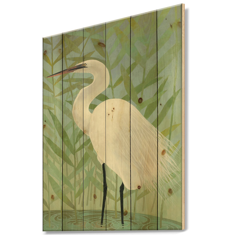Héron par le rivage II - reproduction de campagne moderne sur bois de pin naturel, H 40 po x l 30 po x P 1,5 po