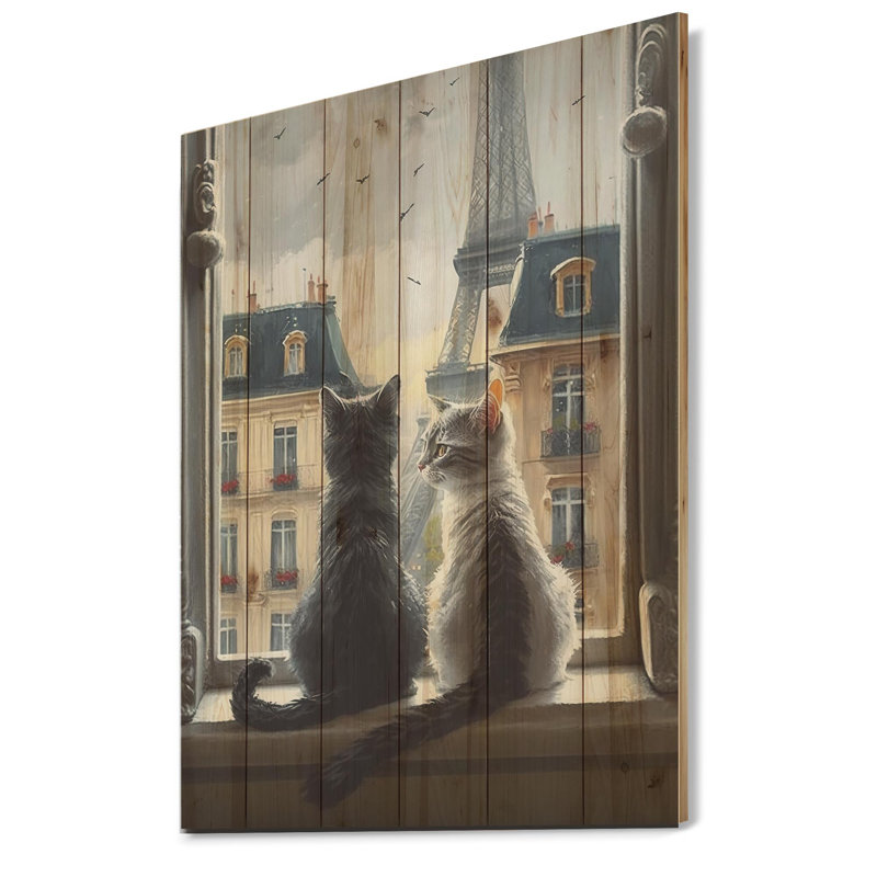 Deux chats à Paris I - impression sur bois sans cadre, H 32 po x l 24 po x P 1 po