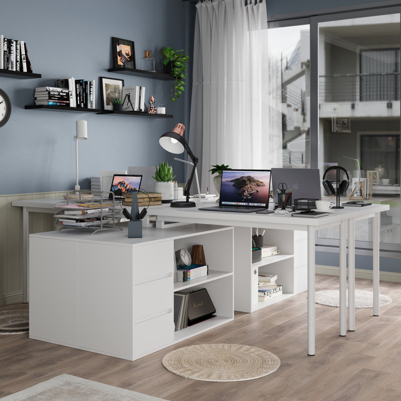 Tables avec tiroirs et tablettes, ensemble de 2, Blanc / blanc