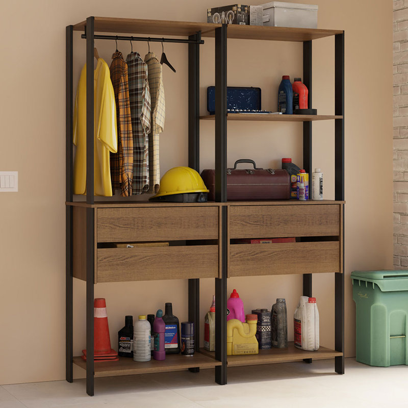 Madesa Garage Storage Rack with 4 Drawers, 5 Shelves and Hanging Space 55"L Multiuse Modular Organization Cabinet for Tools - Black/Brown
