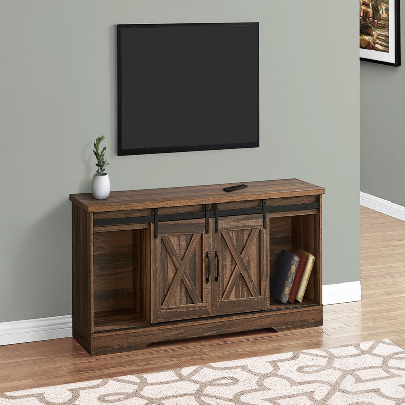 Transitional Laminate TV Stand, Console with Sliding Doors, Open and Closed Storage for Living Room and Bedroom, Brown