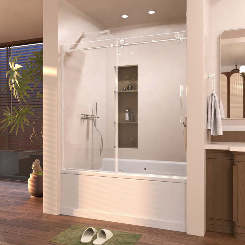 Porte de douche coulissante semi-sans cadre l 60 po x H 60 po au fini chrome, Chrome