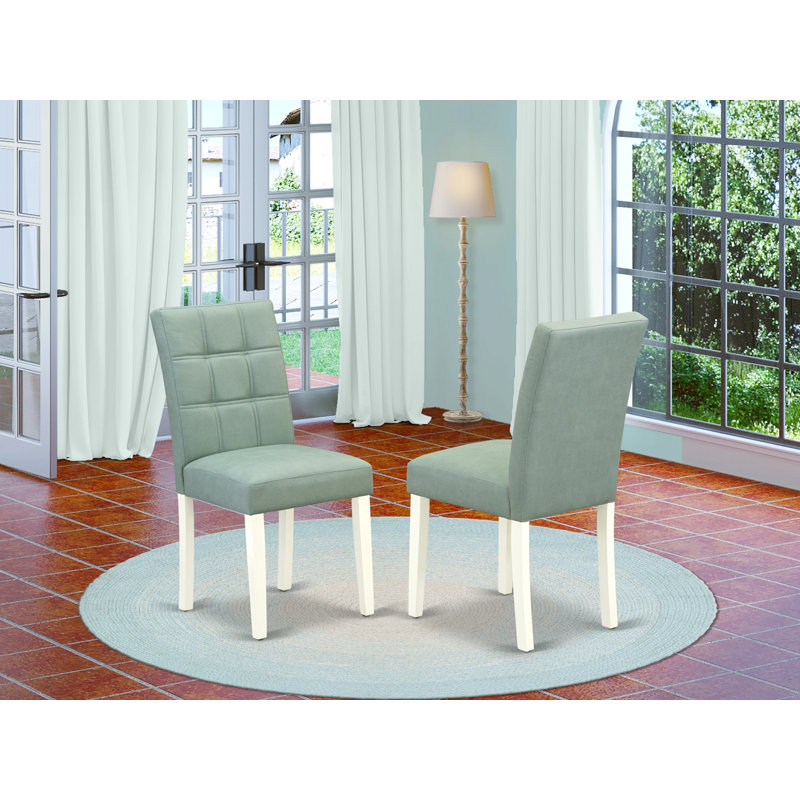 Austin Kitchen Chairs - Willow Green Polyester Fabric Padded Seat and Button Tufted Chair Back - Linen White Finish, SET OF 2