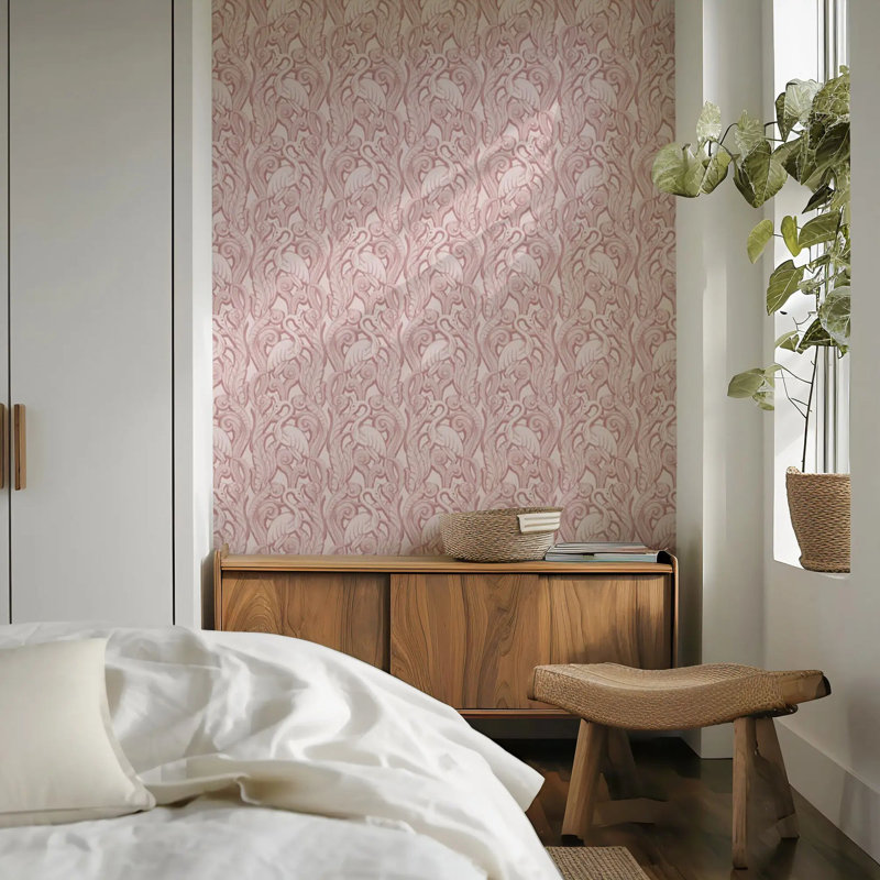 Deco Heron - Wallpaper, Blush, Faux Grasscloth, Non-Pasted