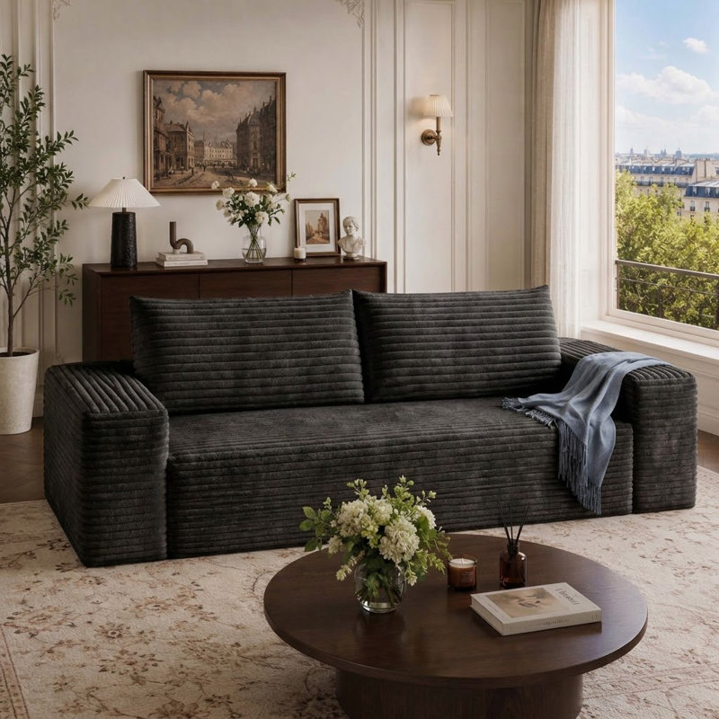 Canapé moderne sans cadre en tissu de velours côtelé sans cadre, pour salle de séjour, Noir