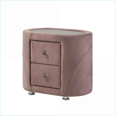 Table de chevet 2 tiroirs en velours rose avec plateau en verre et pieds chromés