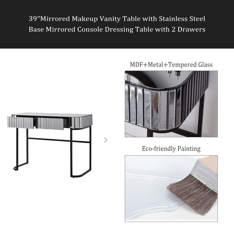 Meuble-lavabo à miroir 39 po avec base en acier inoxydable, coiffeuse à miroir avec 2 tiroirs, bureau polyvalent pour la chambre à coucher et le bureau