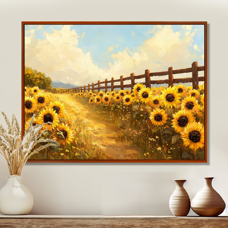 Donyai tournesols par le cheval Corral II - tournesols, art mural, H 30 po x l 40 po, Brun, Impression encadrée flottante