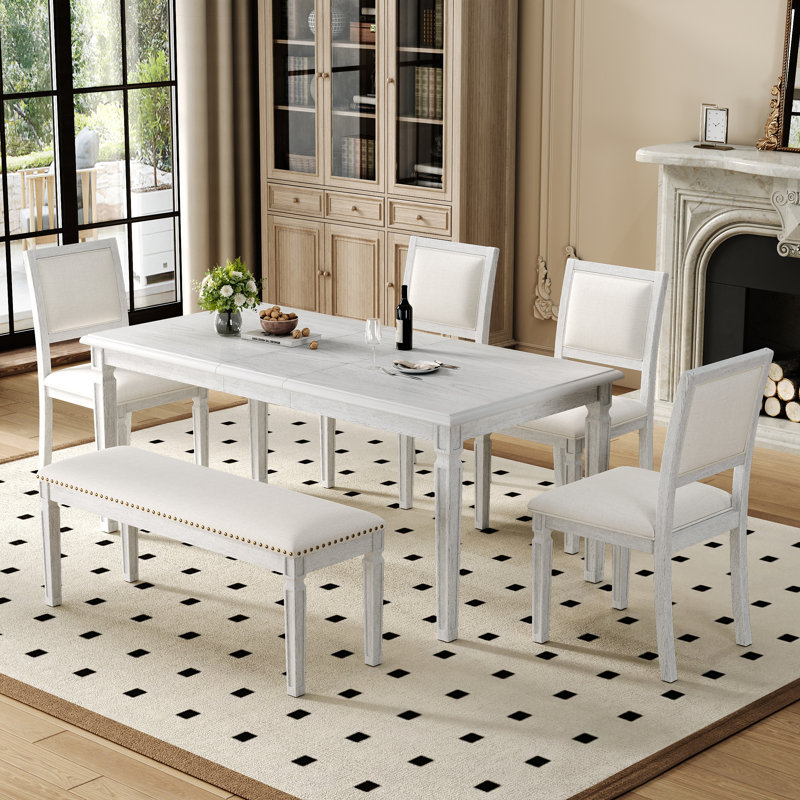 Ensemble de salle à manger extensible 6 pièces avec banc, Blanc délavé