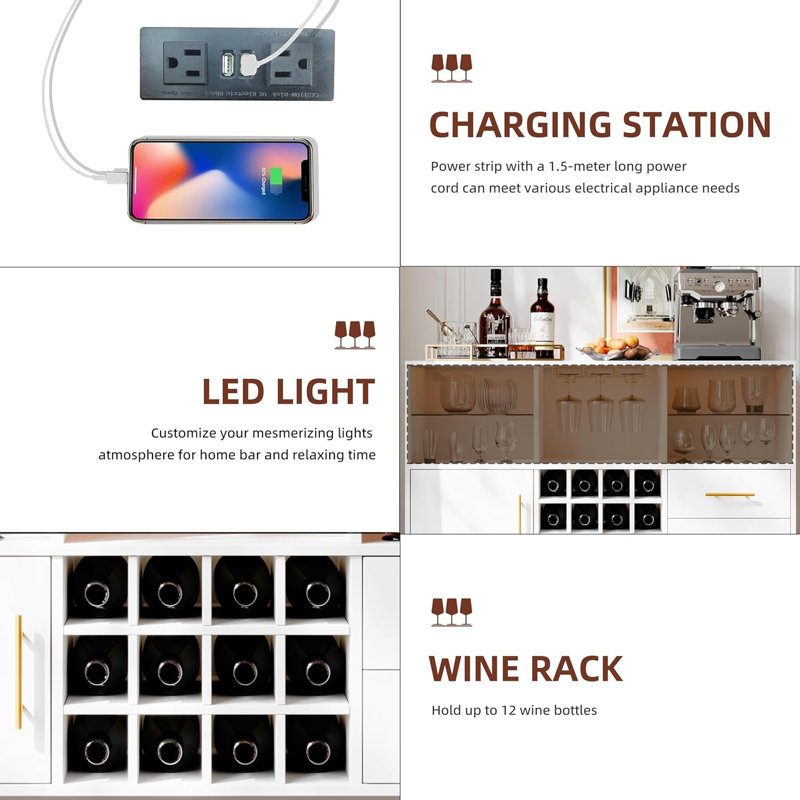 Bar Cabinet and Buffet Table - LED Light Charging Station, Sideboard with Storage
