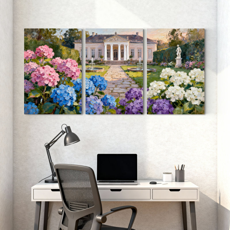 Ensemble de 3 tableaux sur toile tendue représentant une villa et un jardin d'hortensias, H 24 po x l 48 po
