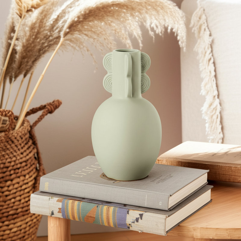 Gerarde Boho Ceramic and Stoneware Vase with Woven and Synthetic Wicker Accents, Modern Decorative Jar in Contemporary Artisan Style for Eclectic and Artistic Home Decor Display