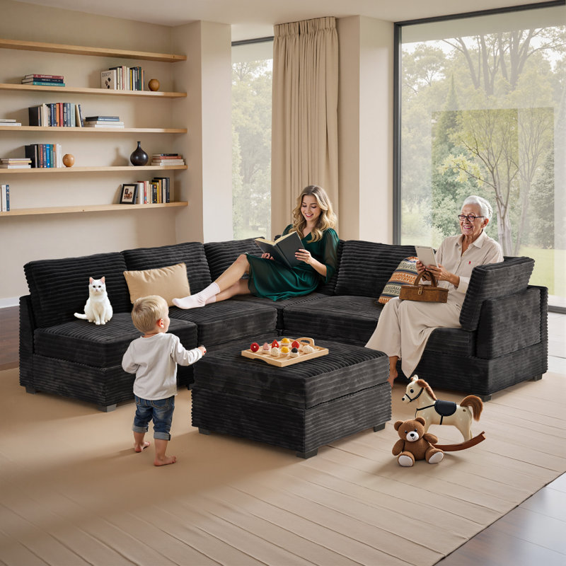 Hogle 95.7'' Modular L-Shaped Sectional Plush Corduroy Sofa With Movable Ottoman, Black Corduroy