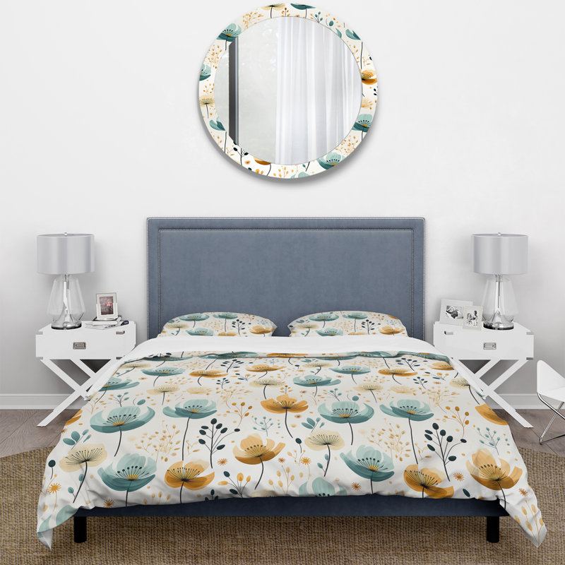 Minimalist Green & Yellow Floral Charm Botanics - Ensemble de housse de couette à motif floral