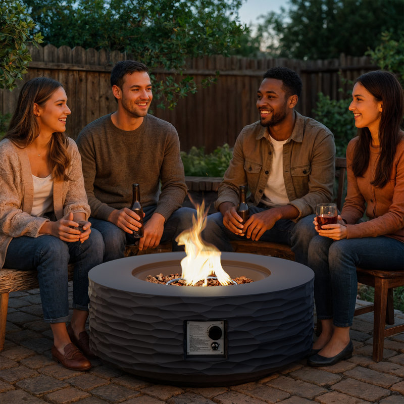 35" Round Concrete Propane Fire Pit Table, Gray