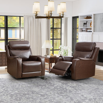 Fauteuil inclinable électrique en cuir véritable de 35,83 po de largeur avec appui-tête réglable, recharge USB et recharge sans fil (ensemble de 2)