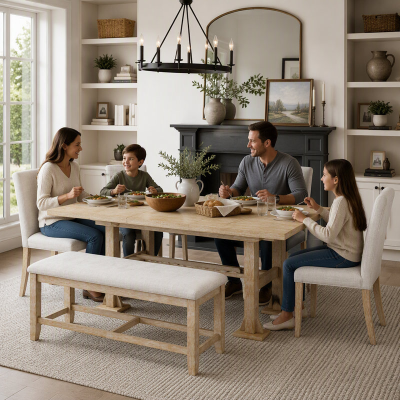 Ensemble de table de salle à manger extensible 6 pièces avec base à tréteaux, chaises rembourrées et banc Sturdy, Naturel