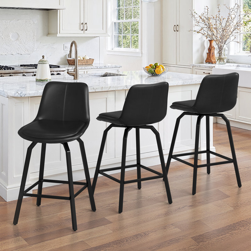 Yannis 26''H Faux Leather Swivel Barstools, Black, 2