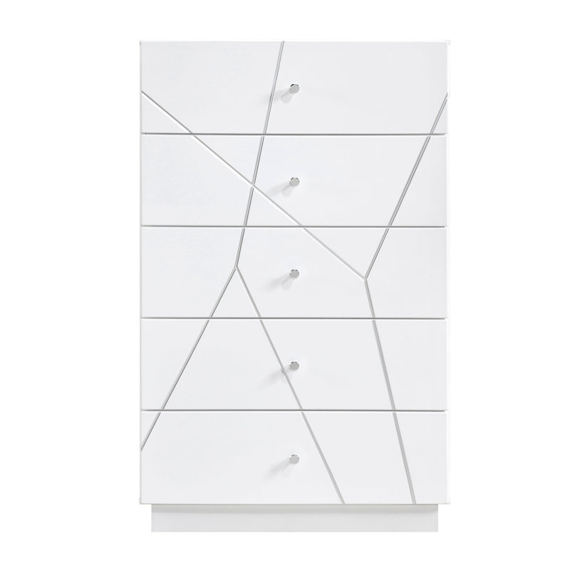 Commode de rangement à 5 tiroirs à finition blanche glamour