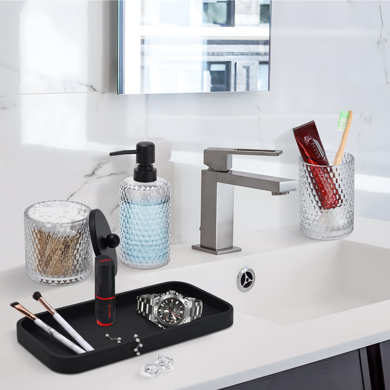 Bathroom Accessory Set,4 Pcs Clear Glass Bathroom Accessories Set-Lotion Soap Dispenser,Toothbrush Holder,Qtip Holder Dispenser & Resin Vanity Tray,Countertop Vanity Organizer,Crystal Clear