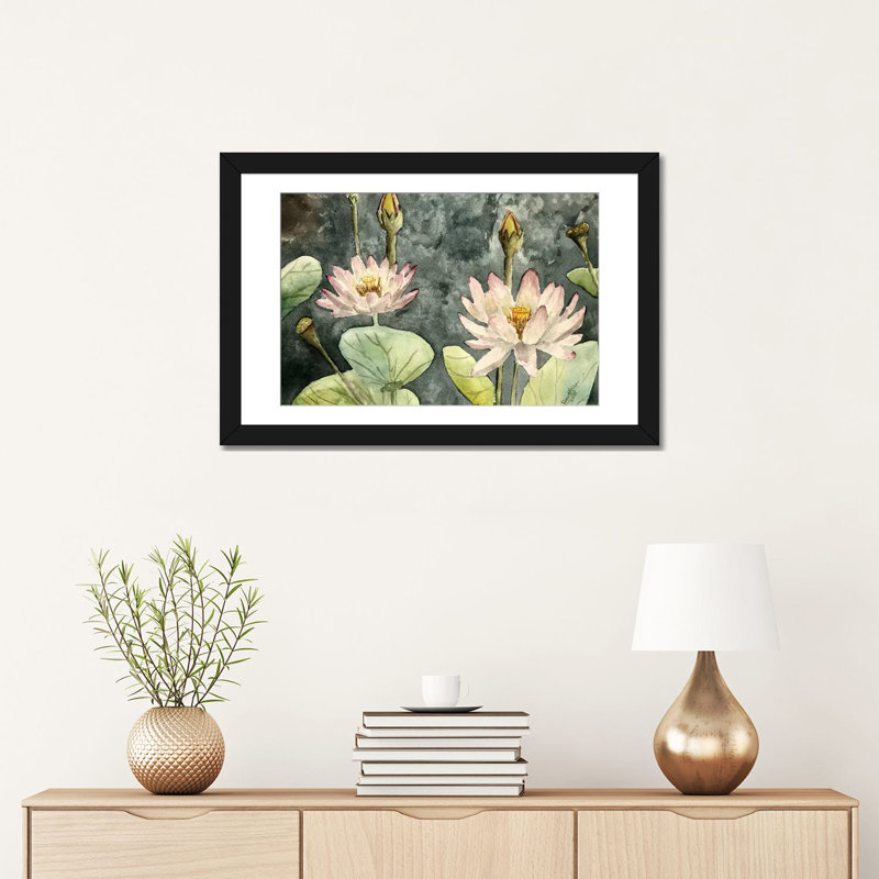 « lotus fleurs », impression sur toile, H 16 po x l 24 po x P 1 po, Papier d'art encadré noir, Blanc