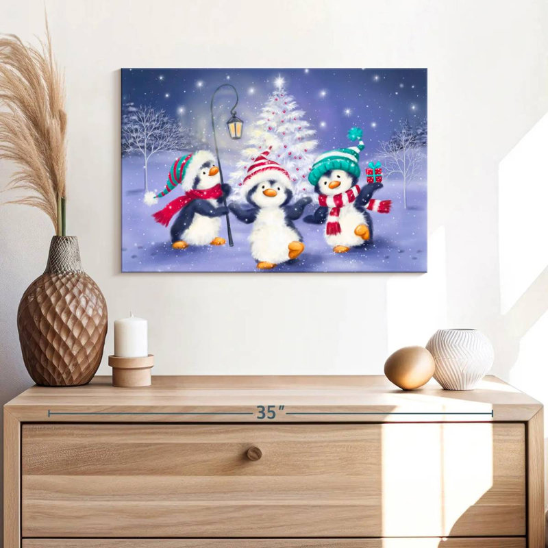 Trois pingouins avec arbre de Noël, H 16 po x l 24 po