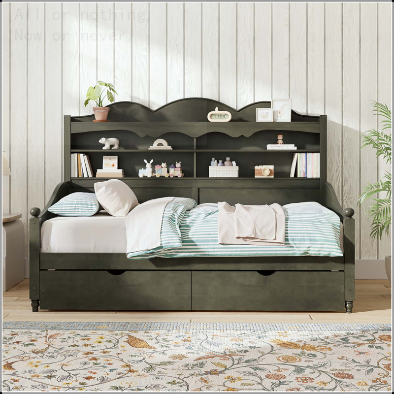 Twin Daybed with Storage Drawers and Headboard Shelving, Antique Gray
