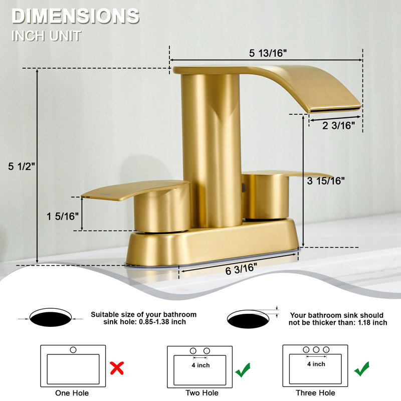 4" Centerset Double Handle Waterfall Bathroom Sink Faucet with Pop Up Drain, Brushed Gold