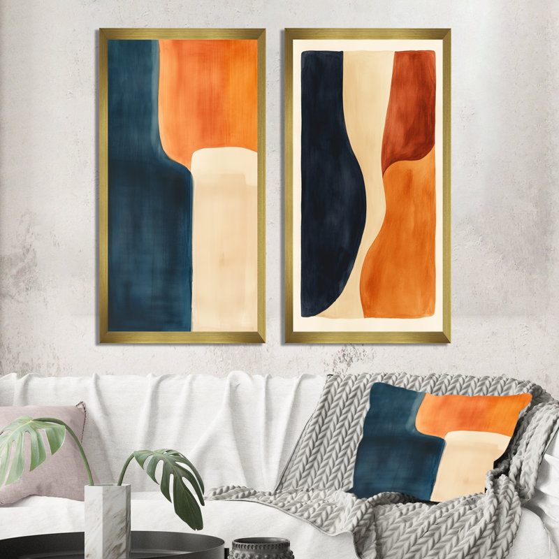 Formes abstraites équilibrées I - Tableau en deux parties aux formes modernes abstraites, 40" H x 40" W, Gold Picture Framed