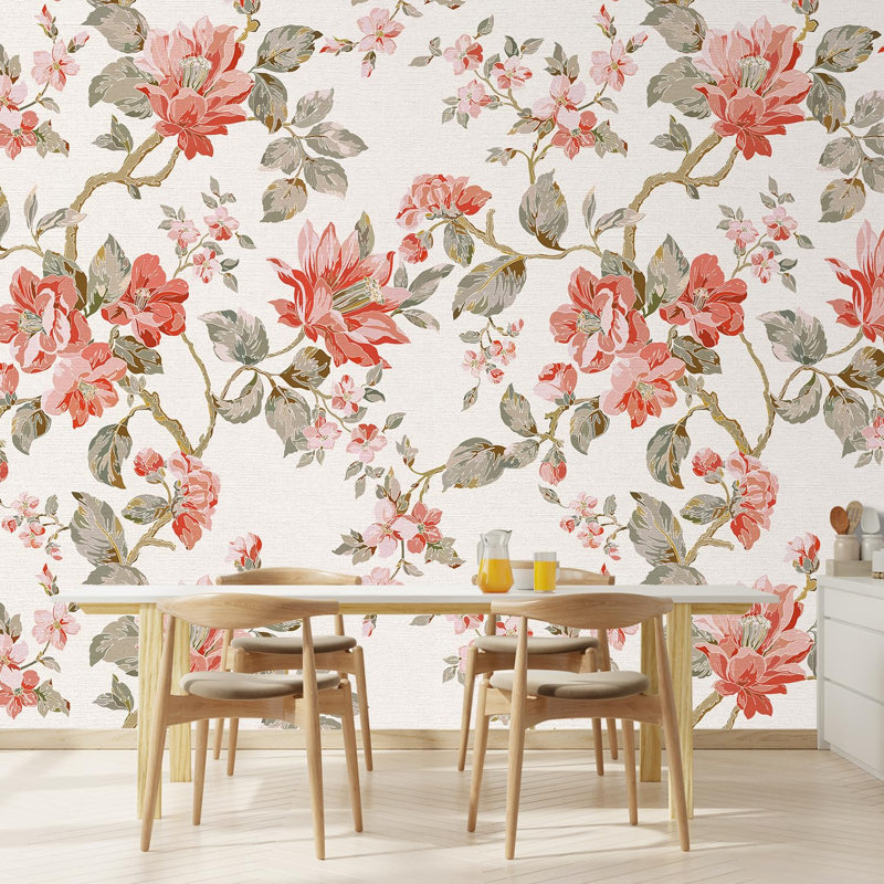 Fleurs botaniques rouges et roses, L 66 po x l 96 po