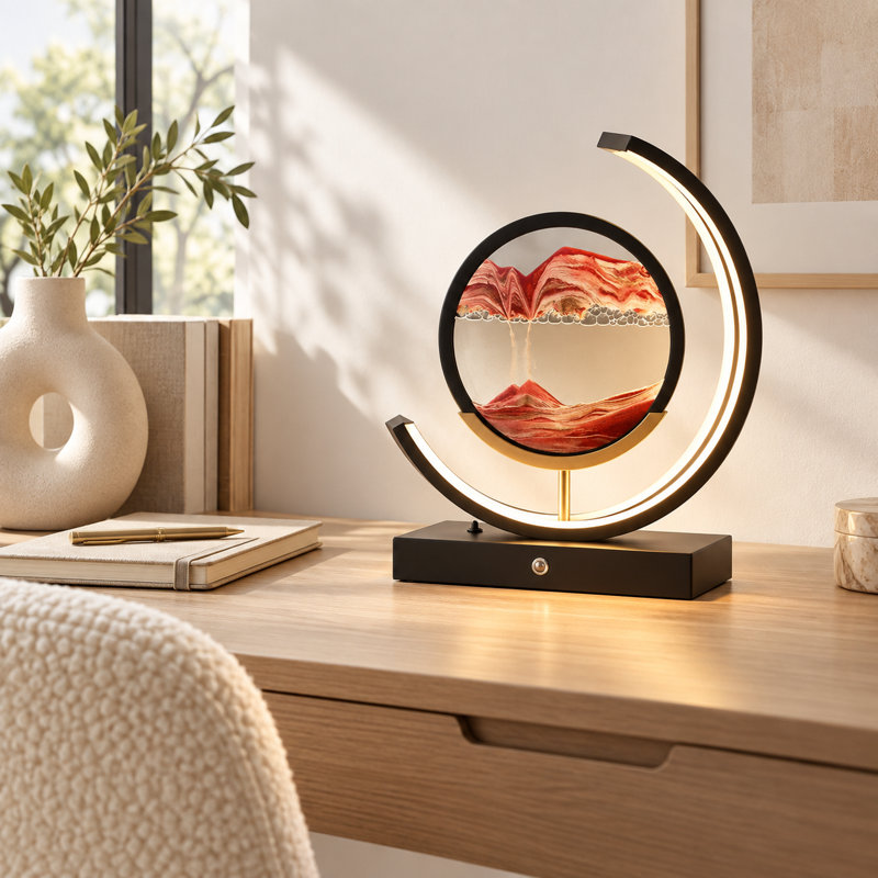 Modern Dimmable Sand Art Table Lamp with Reversible Glass Disc, 3 Color Temperatures & Remote Control