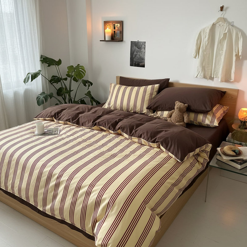 Vintage 3-Piece Cotton Duvet Cover Set With Pillow Shams, Red/Cream Striped, Full Duvet Cover + 2 Standard Shams
