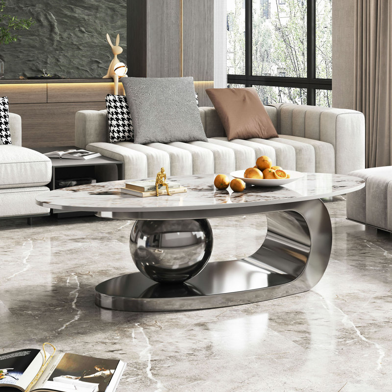Table basse 49,2 po ovale en faux marbre pour salon avec base en acier inoxydable, H 15,8 po x l 49,2 po x P 27,55 po