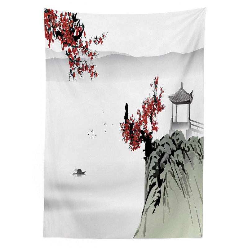 River Scenery With Cherry Blossoms Boat Cultural Hints Mystical View Tablecloth, 70" x 52"