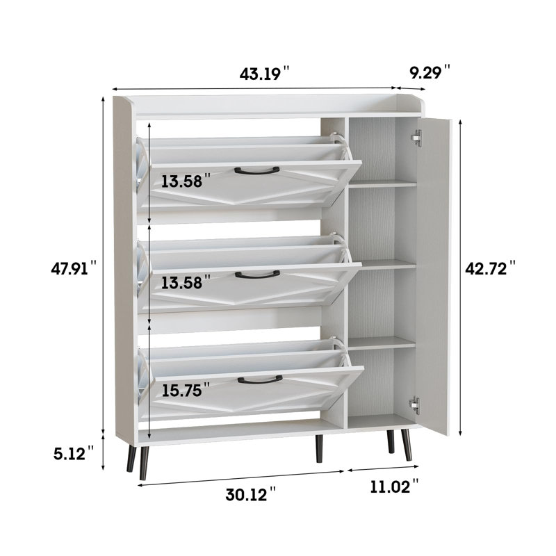 Armoire de rangement pour chaussures avec 3 tiroirs rabattables et miroir, Blanc / Blanc