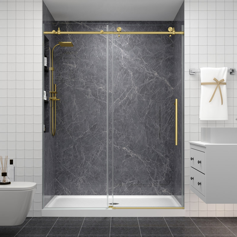 61"-66" W x 76" H Single Sliding Frameless Shower Door in Brushed Gold with 1/4" (6mm) Clear Tempered Glass, Soft-Close, Stainless Steel Accessories