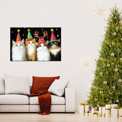 «Large Christmas Cats Canvas Wall Art - Holiday Party Hat & Reindeer Antler, affiche de peinture, impressions de scène d'hiver, décorations de Noël rétro, prêtes à être accrochées, 24 po x 32 po