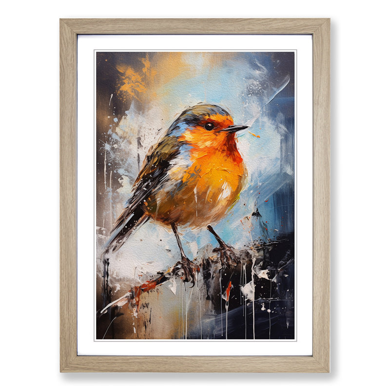 Robin Bird Action Painting - Framed Print, 34cm H x 25cm W x 2cm D, Oak