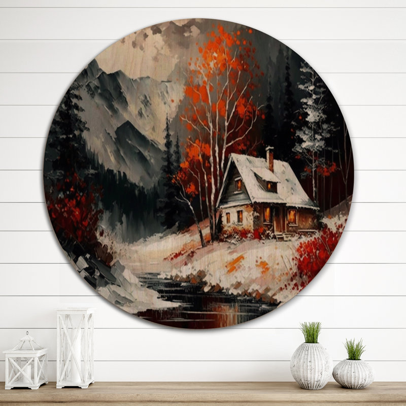 Mono orange chalet en hiver V - Art mural en bois paysage - bois de pin naturel, H 23 po x l 23 po x P 1 po